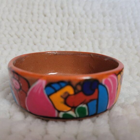 Mexican Red Clay Pottery SUN round dish lidded hand painted trinket box jewelry - Picture 4 of 7